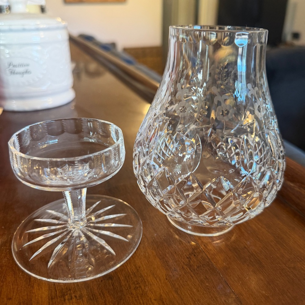 Vintage Crystal Hurricane Candle Holder Etched Floral Diamond 2 Piece Clear 7.5" - Picture 5 of 16